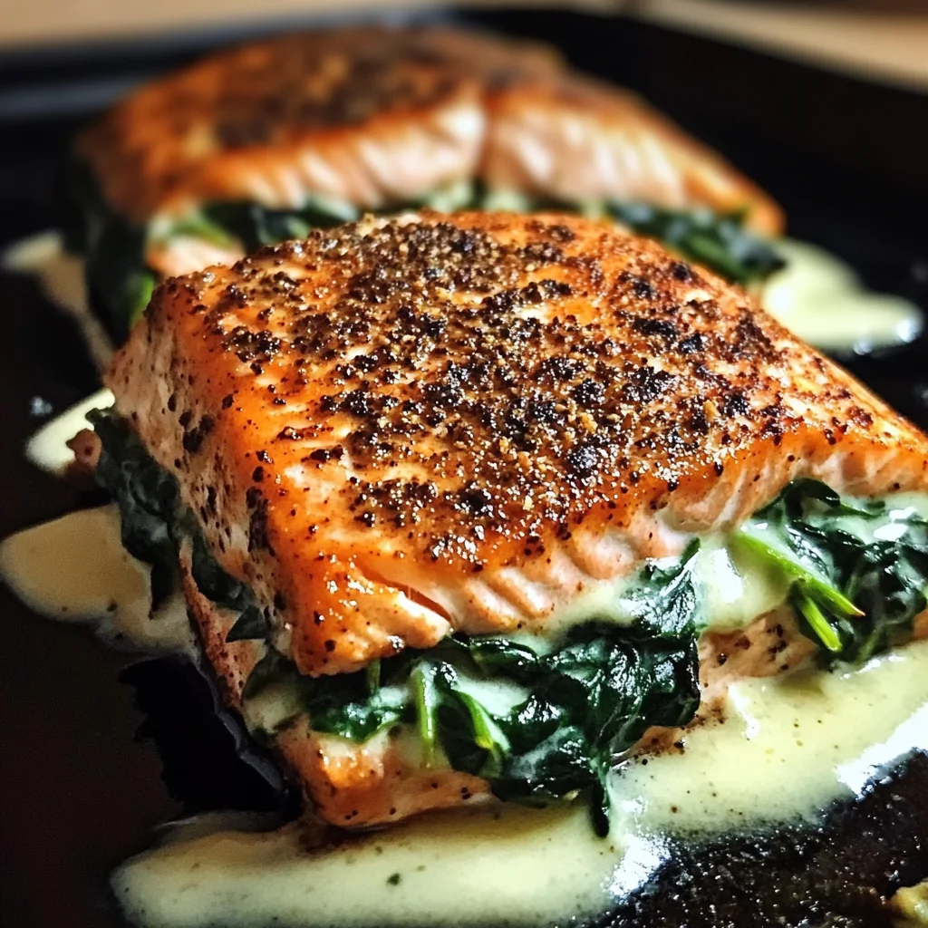 Blackened Salmon Stuffed with Spinach & Parmesan
