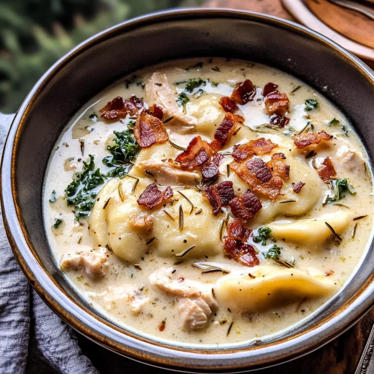 Creamy Pierogi Chicken Soup with Rosemary Bacon Bits