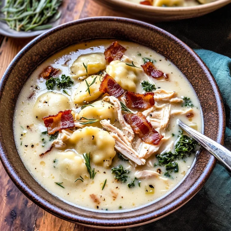Creamy Pierogi Chicken Soup with Rosemary Bacon Bits