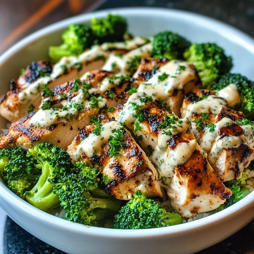 Grilled Chicken and Broccoli Bowls with Creamy Garlic Sauce